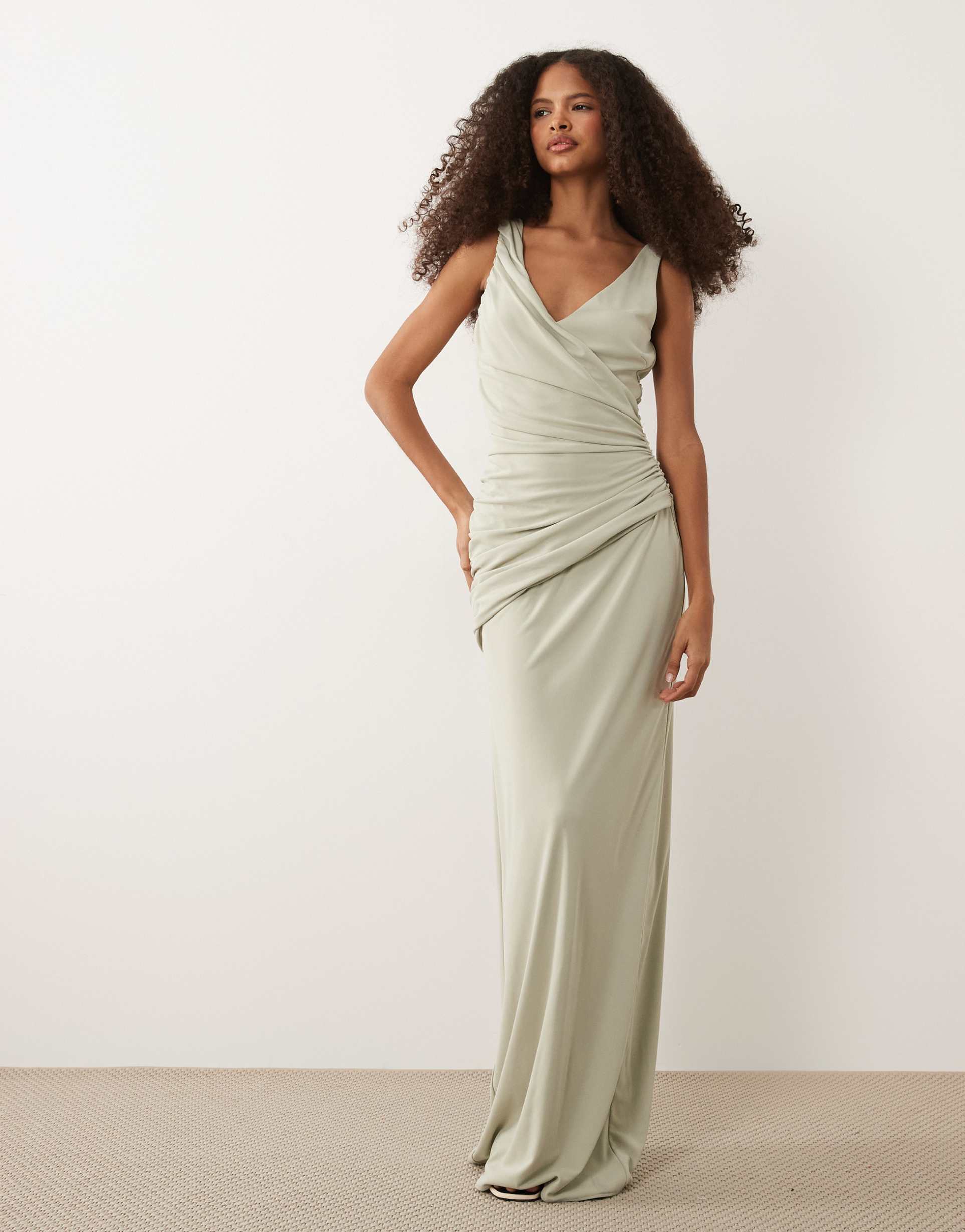 six stories bridesmaids stretch v neck ruched panel maxi dress in sage