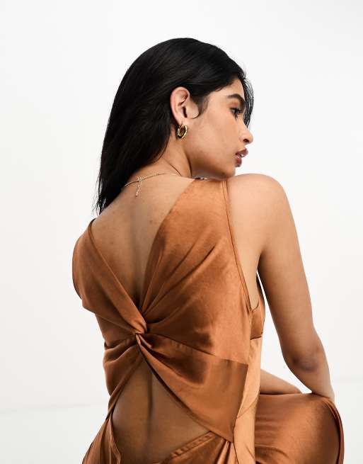 Six Stories Bridesmaids twist back satin slip dress in rust, 2 of 4