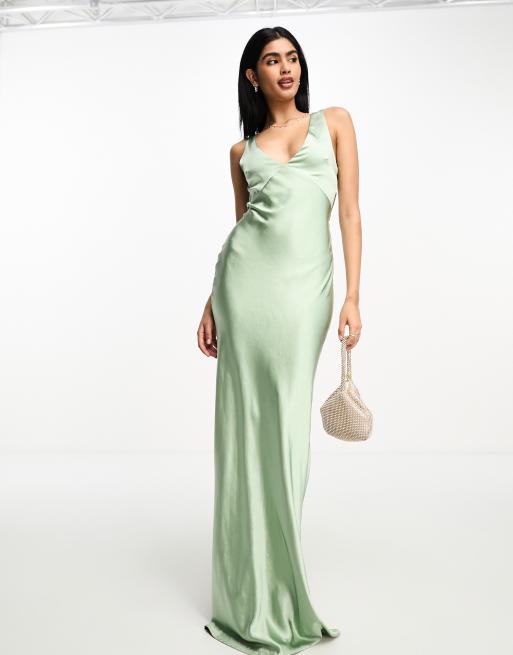 Six Stories Bridesmaids twist back satin slip dress in sage