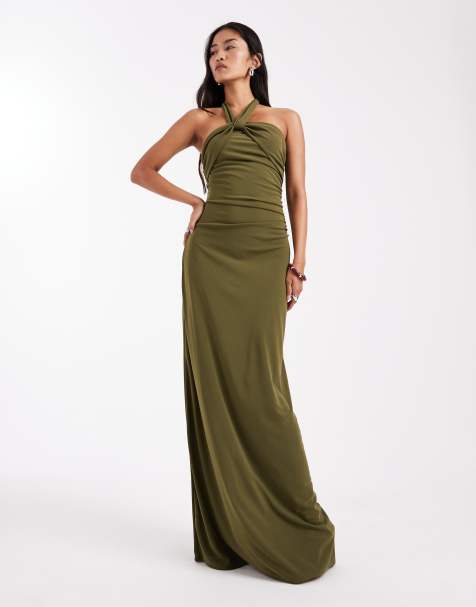 Six Stories Bridesmaids – Zielona elastyczna sukienka maxi z asymetrycznym dekoltem halter - view 1
