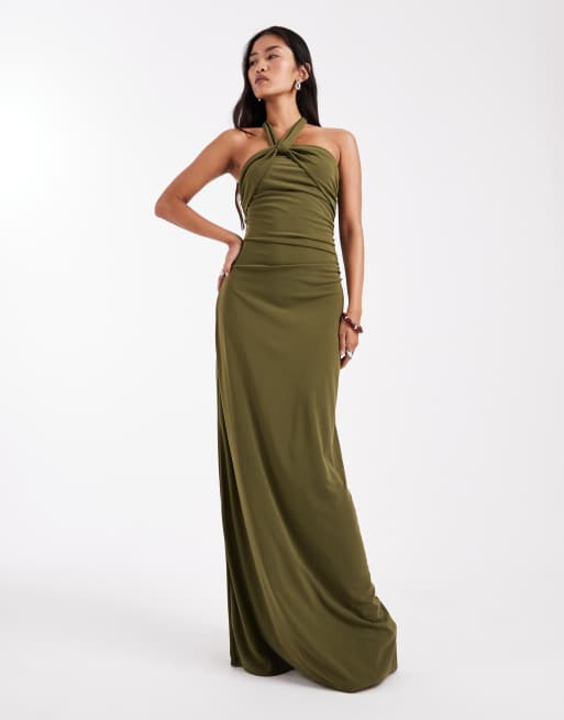 Six Stories Bridesmaids – Zielona elastyczna sukienka maxi z asymetrycznym dekoltem halter