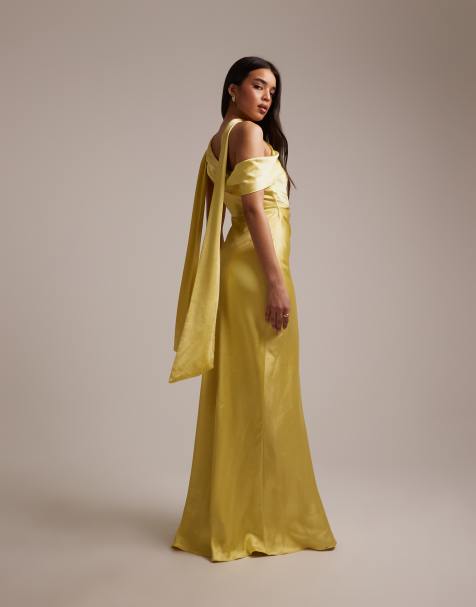 Six Stories - Brudepiger - Gul oneshoulder-maxikjole med drapering i satin - view 1