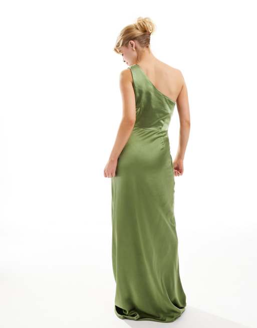 Six Stories - Brudepiger - Mosgrøn maxikjole i satin med oneshoulder, 3 af 4