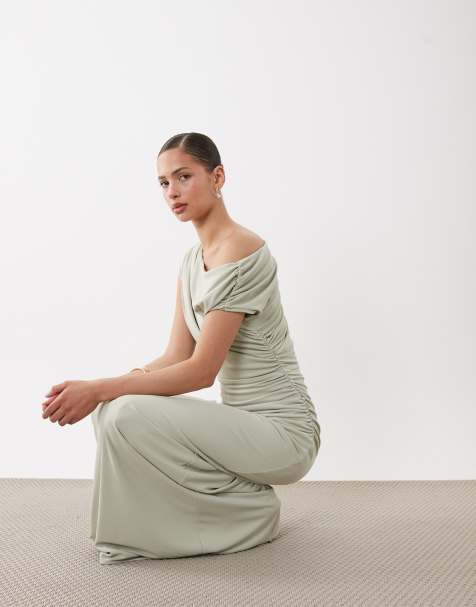Six Stories - Brudepiger - Salviegrøn draperet offshoulder-maxikjole med stretch - view 1