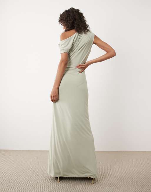 Six Stories - Brudepiger - Salviegrøn draperet offshoulder-maxikjole med stretch , 4 af 4