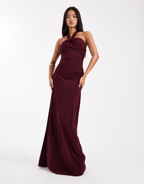 Six Stories - Bruidsmeisjes - Asymmetrische maxi-jurk met stretch en halternek in wijnrood - view 1