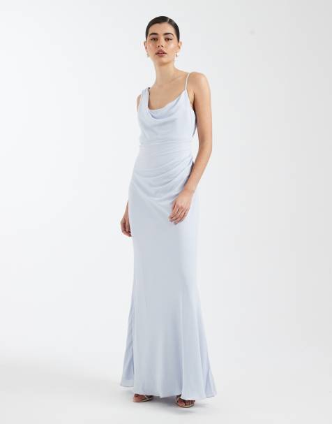 Six Stories - Bruidsmeisjes - Asymmetrische maxi-jurk van crèpe met gedrapeerde halslijn in lichtblauw - view 1