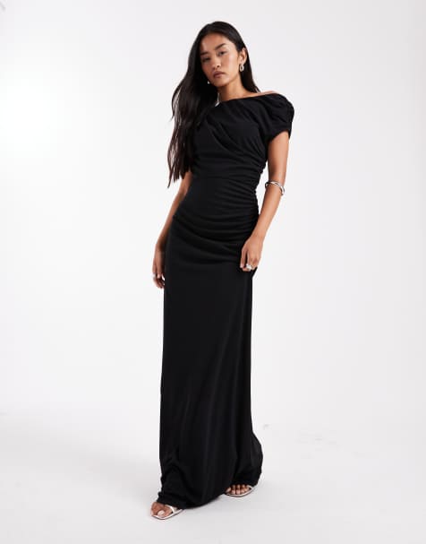 Six Stories - Bruidsmeisjes - Maxi-jurk met asymmetrische schouders, stretch en gerimpelde details in zwart - view 1