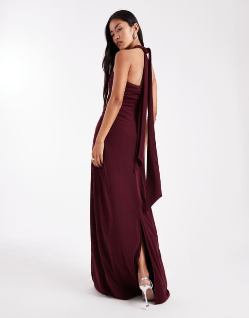 Six Stories - Bruidsmeisjes - Maxi-jurk met stretch en halternek in wijnrood, 2 van 4