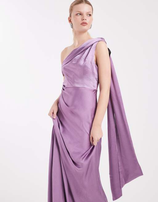 Six Stories - Bruidsmeisjes - Satijnen maxi jurk met blote schouder in orchidee, 2 van 4