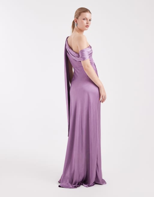 Six Stories - Bruidsmeisjes - Satijnen maxi jurk met blote schouder in orchidee, 4 van 4