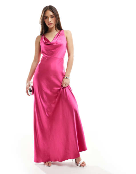 Six Stories - Bruidsmeisjes - Satijnen maxi jurk met gedrapeerde voorkant in fuchsia roze - view 1