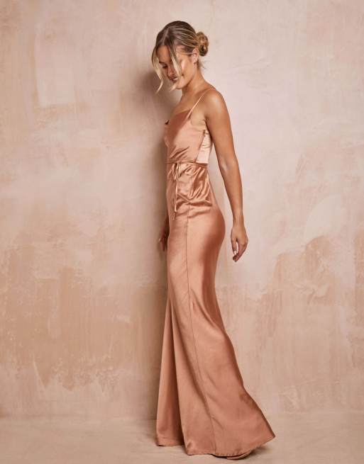 Six Stories Cami cowl front satin bridesmaid dress in burnt peach, 4 of 4