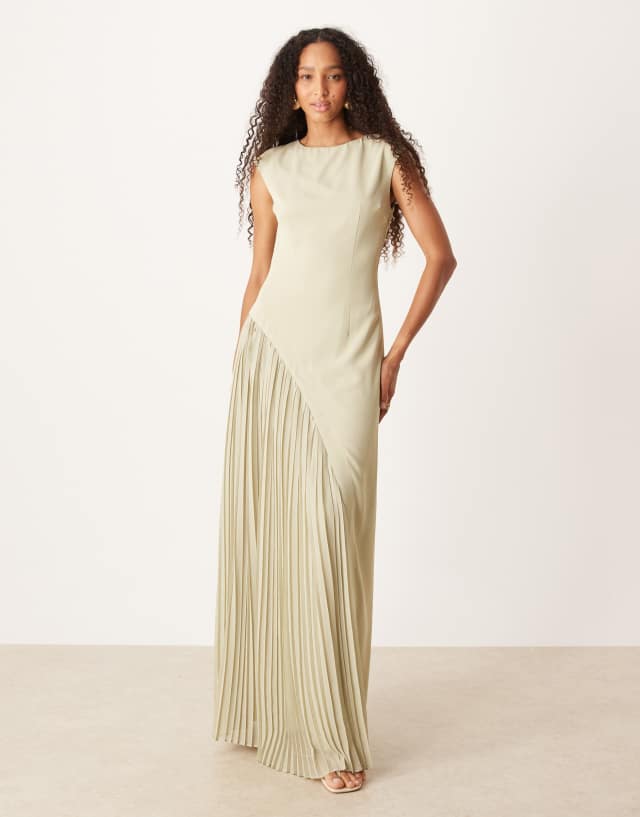 beige pleated maxi dress Six Stories cap sleeve in stone Size:10-11 years Pre-Spring 1 2025 under The Sea Dress Non Stretch