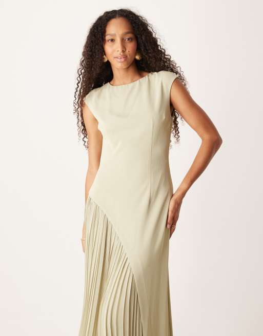 Six Stories cap sleeve pleated maxi dress in stone, 3 of 4