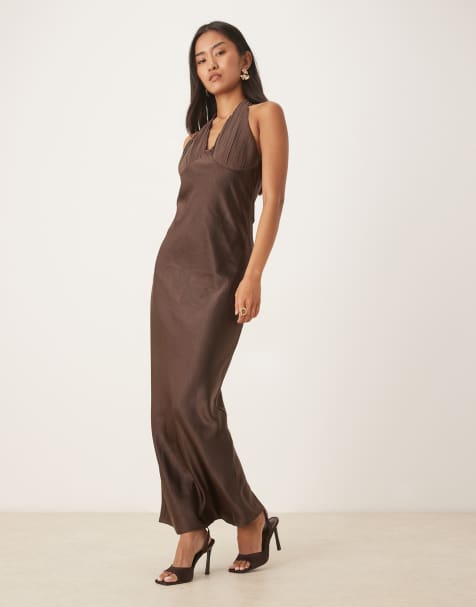 Six Stories chiffon cup satin maxi dress in chocolate brown - view 1