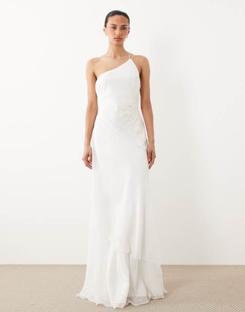 Six Stories chiffon one shoulder embellished detail tiered maxi dress in white - view 1