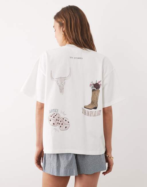 Six Stories cotton graphic western short sleeve t-shirt in white, 4 of 4