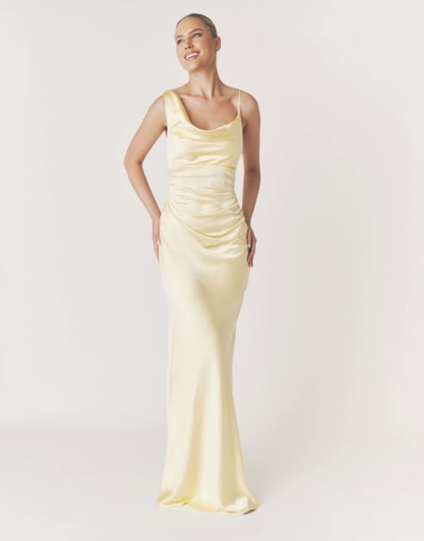 Six Stories Cowl asymmetrical satin bridesmaid dress in butter lemon