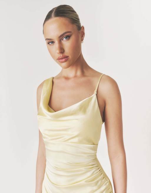 Six Stories Cowl asymmetrical satin bridesmaid dress in butter lemon, 2 of 4
