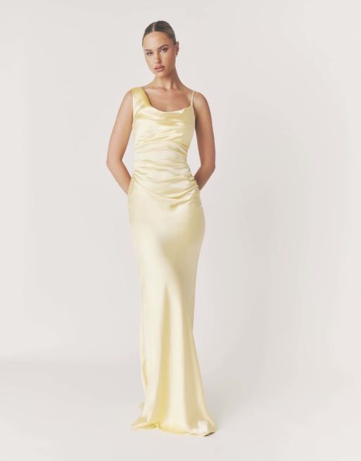 Six Stories Cowl asymmetrical satin bridesmaid dress in butter lemon, 4 of 4
