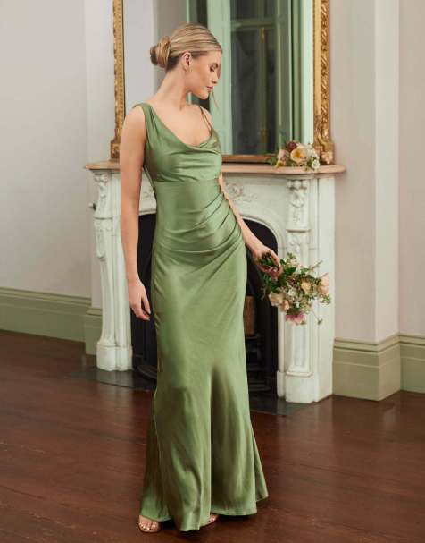 Six Stories Cowl asymmetrical satin bridesmaid dress in moss green - view 1