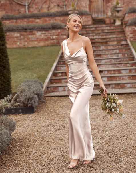 Six Stories Cowl asymmetrical satin bridesmaid dress in oyster