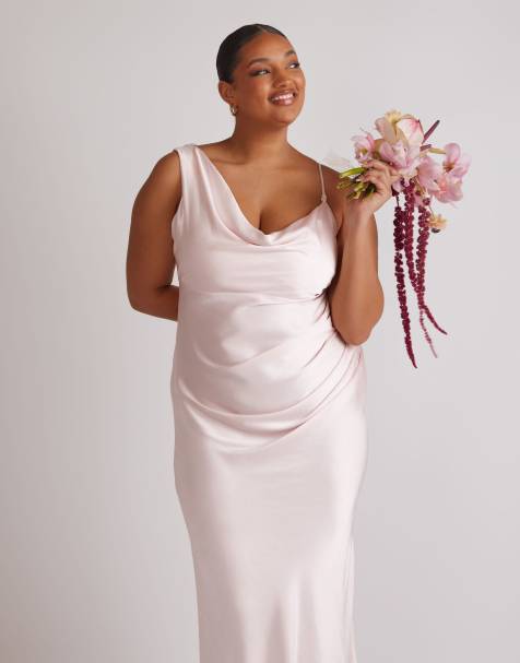 Six Stories Cowl asymmetrical satin bridesmaid dress in pale pink