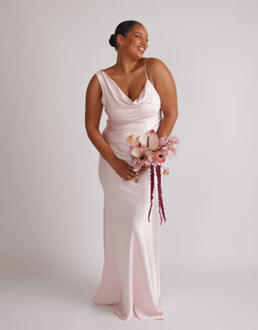 Six Stories Cowl asymmetrical satin bridesmaid dress in pale pink, 2 of 4