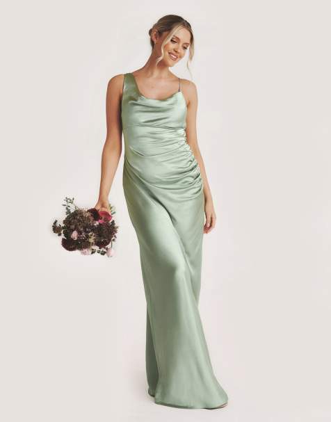 Six Stories Cowl asymmetrical satin bridesmaid dress in sage - view 1