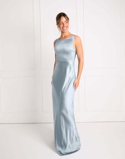 Six Stories Cowl back satin bridesmaid dress in dusty blue - view 1