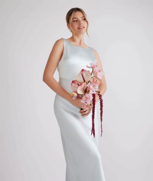 Six Stories Cowl back satin bridesmaid dress in ice blue, 4 of 4