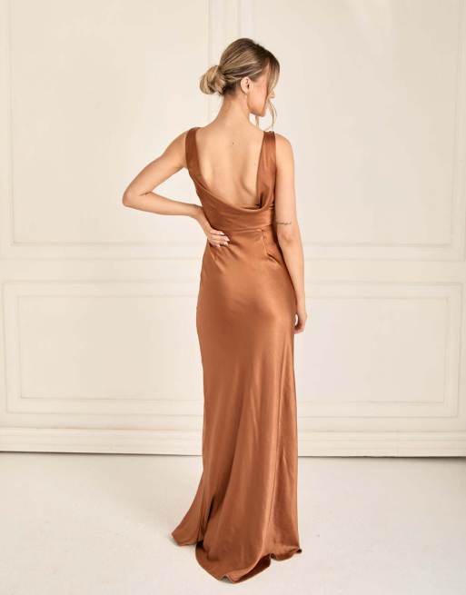 Six Stories Cowl back satin bridesmaid dress in rust, 3 of 4