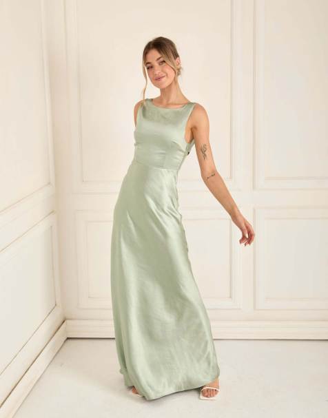Six Stories Cowl back satin bridesmaid dress in sage - view 1