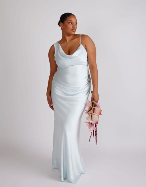 Six Stories Cowl front asymmetrical satin bridesmaid dress in ice blue, 2 of 4