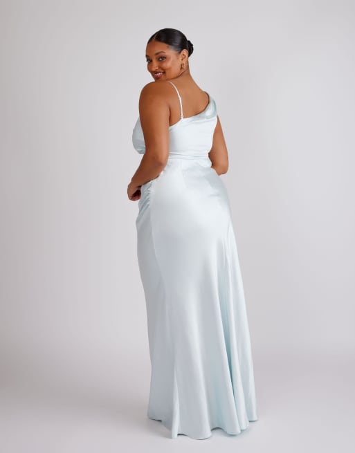 Six Stories Cowl front asymmetrical satin bridesmaid dress in ice blue, 3 of 4