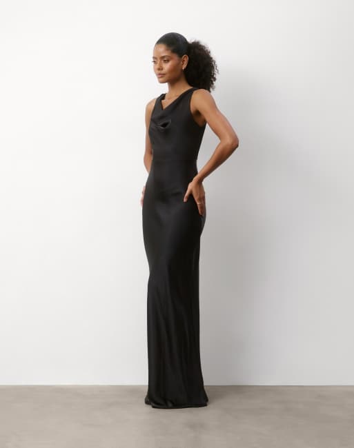 Six Stories Cowl front satin bridesmaid dress in black, 3 of 6