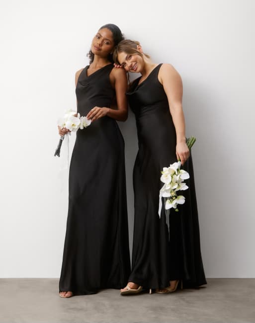 Six Stories Cowl front satin bridesmaid dress in black, 4 of 6
