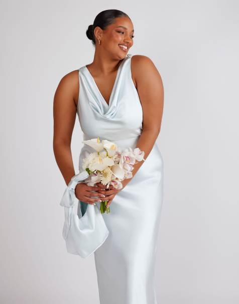 Six Stories Cowl front satin bridesmaid dress in ice blue - view 1