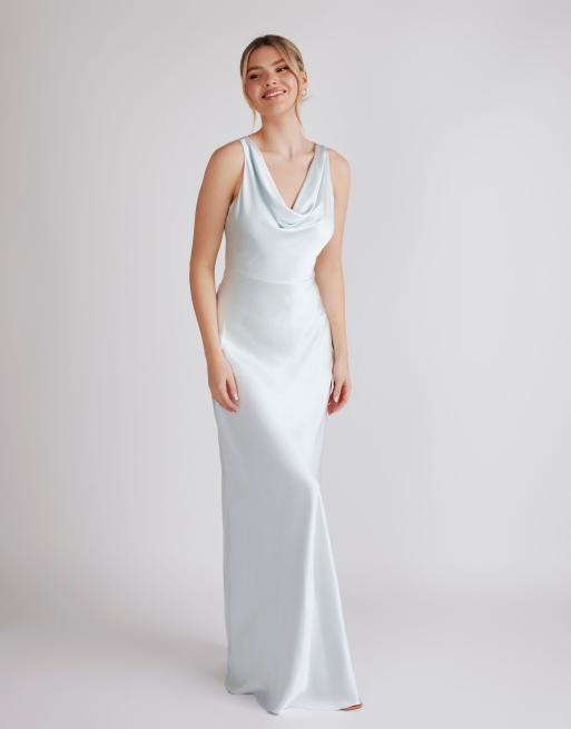 Six Stories Cowl front satin bridesmaid dress in ice blue, 3 of 4