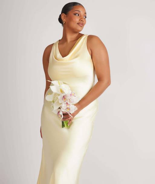 Six Stories Cowl front satin bridesmaid dress in lemon, 3 of 7