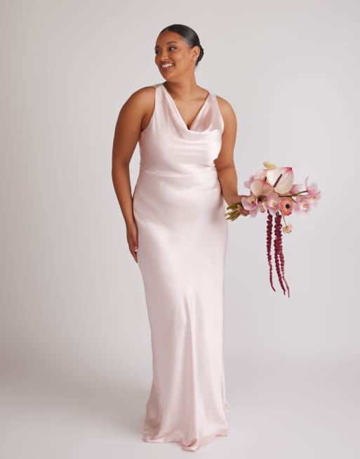 Six Stories Cowl front satin bridesmaid dress in pale pink, 3 of 4