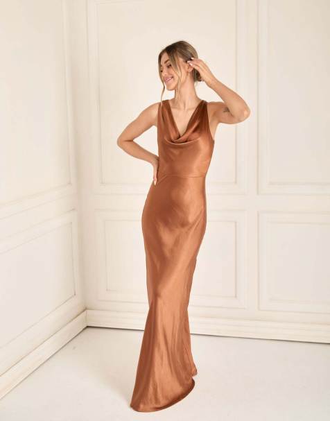 Six Stories Cowl front satin bridesmaid dress in rust