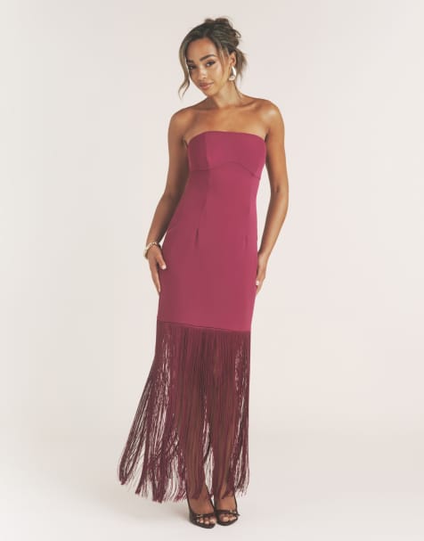 Six Stories crepe bandeau fringe detail maxi dress in magenta - view 1