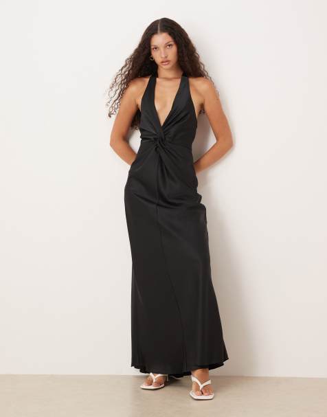 Six Stories twist front satin maxi dress in black
