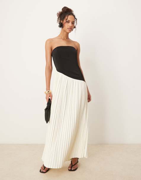 Six Stories asymmetric pleated maxi dress in monochrome