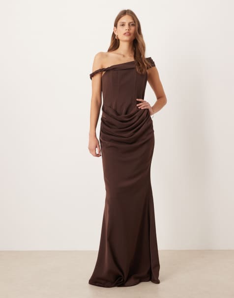 Six Stories twist strap boned corset maxi dress in chocolate