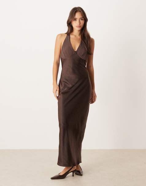 Six Stories chiffon cup satin maxi dress in chocolate brown