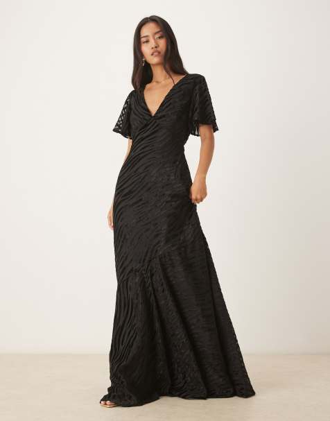 Six Stories devore flutter sleeve v neck asymmetric drop hem maxi dress in black - view 1