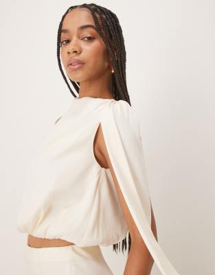 Six Stories Six Stories drape detail high neck top co-ord in cream-White